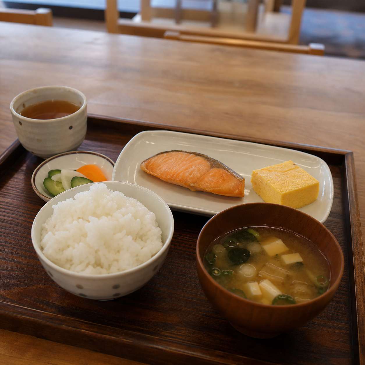 ご飯、味噌汁、焼き魚、卵料理を組み合わせたシンプルな朝食イメージ
