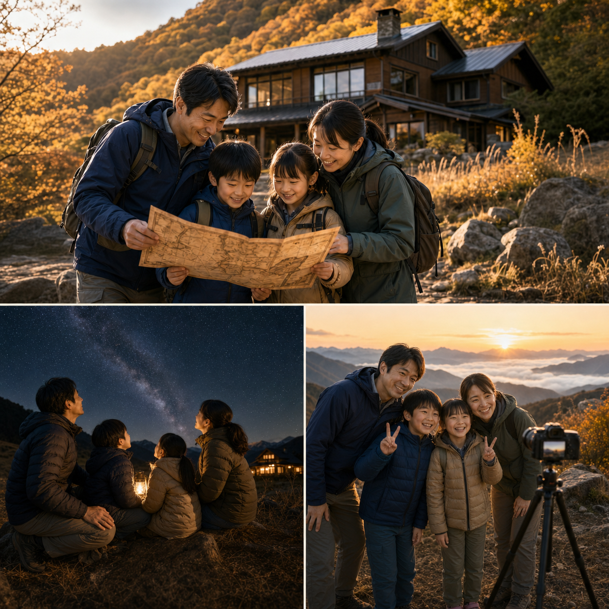 午後の謎解き、夜の星空観察、翌朝のフォトミッションを楽しむ家族のイベントイメージ