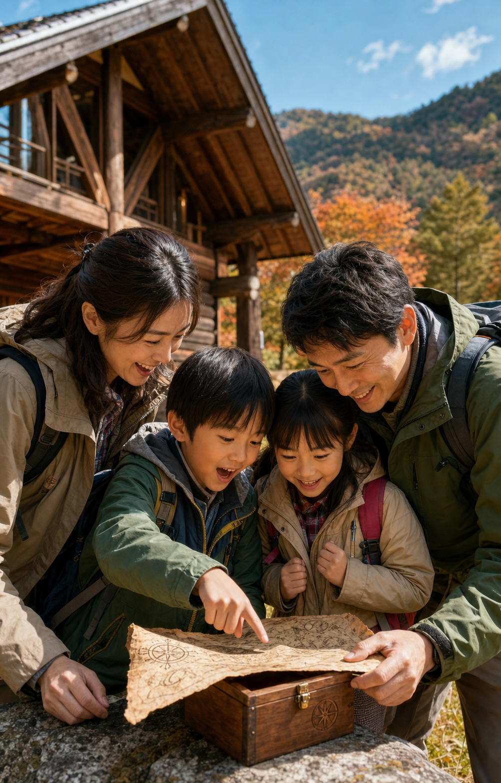 秋のハチ高原で地図と宝箱を囲み、家族で謎を解くイベントイメージ